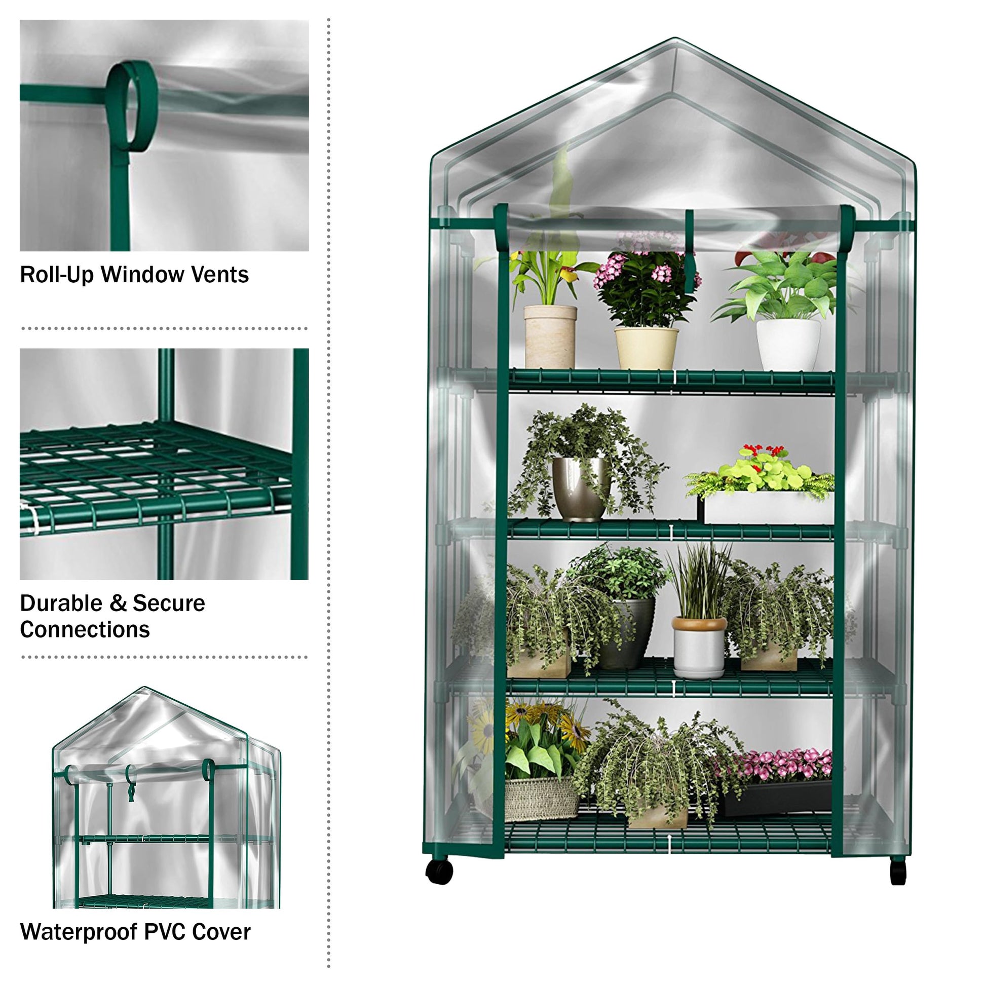4 Tier Mini Greenhouse - Portable Greenhouse with Locking Wheels and PVC Cover for Indoor or