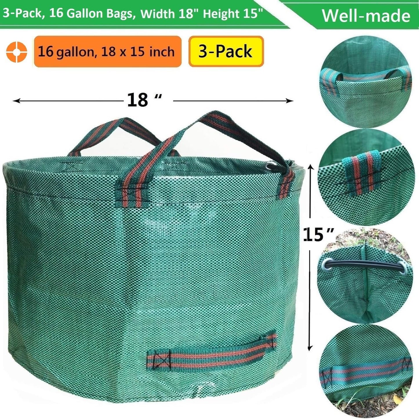Standard 3-Pack 16 Gallons Home Garden Bags (D18, H15 inches) with Coated Gardening Gloves,Leaf Waste Bags,Patio Bag,Reusable Trash Can,Lawn Yard Waste Bags,Laundry Container with 4 handles