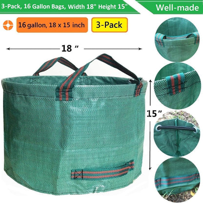 Standard 3-Pack 16 Gallons Home Garden Bags (D18, H15 inches) with Coated Gardening Gloves,Leaf Waste Bags,Patio Bag,Reusable Trash Can,Lawn Yard Waste Bags,Laundry Container with 4 handles