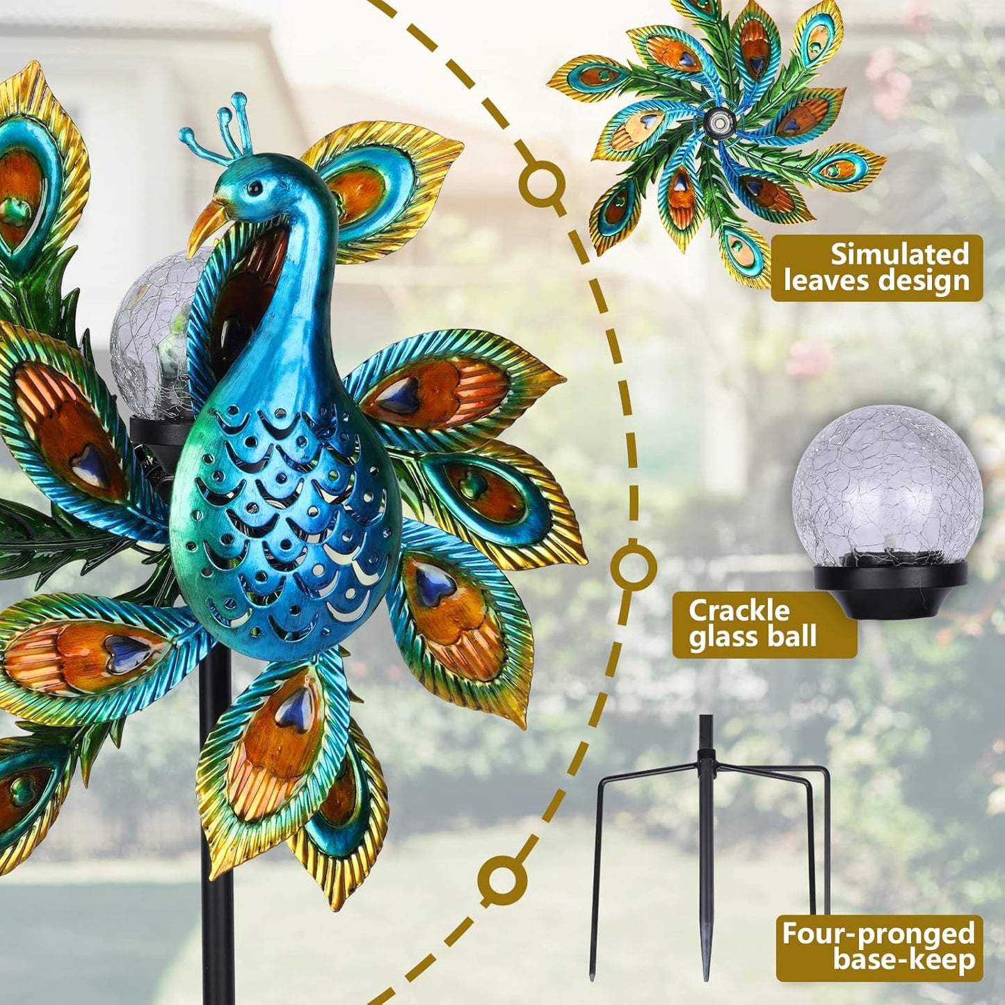 Solar Wind Spinner Outdoor Metal Kinetic Wind Spinners with LED Lighting Glass Ball Peacock Wind Spinner with Stake Decorative Windmill for Yard Lawn Garden Patio Decor