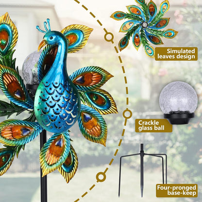 Solar Wind Spinner Outdoor Metal Kinetic Wind Spinners with LED Lighting Glass Ball Peacock Wind Spinner with Stake Decorative Windmill for Yard Lawn Garden Patio Decor