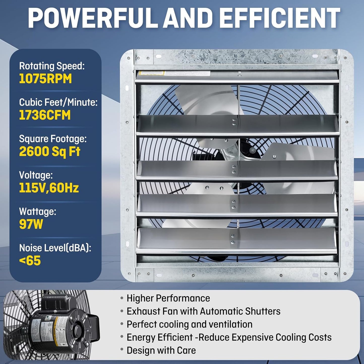 iLIVING 18" Wall Mounted Shutter Exhaust Fan, Automatic Shutter, with Thermostat and Variable Speed controller, 0.85A, 1736 CFM, 2600 SQF Coverage Area Silver (ILG8SF18V-ST)