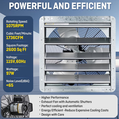 iLIVING 18" Wall Mounted Shutter Exhaust Fan, Automatic Shutter, with Thermostat and Variable Speed controller, 0.85A, 1736 CFM, 2600 SQF Coverage Area Silver (ILG8SF18V-ST)