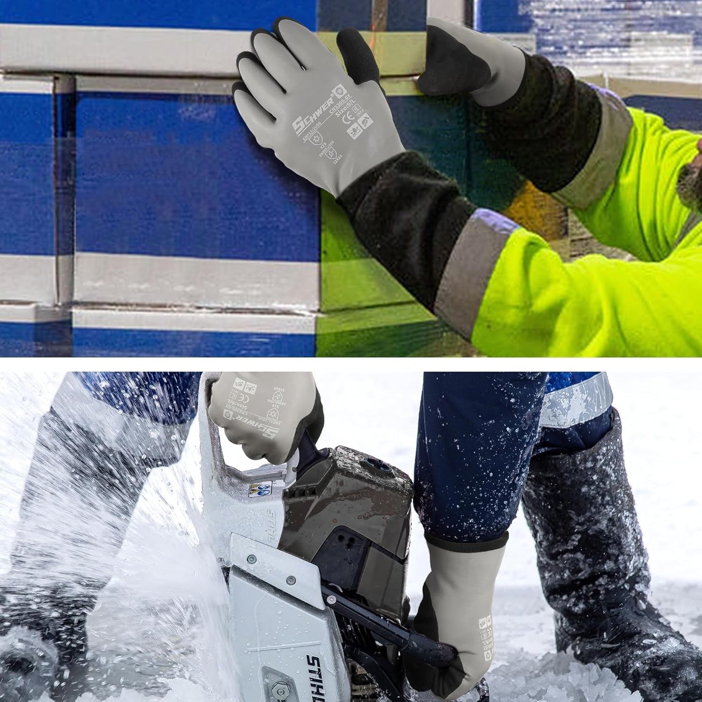Schwer 2 Pairs 100% Waterproof Winter Work Gloves, ANSI A2 Cut Resistant Freezer Gloves for Outdoor Cold Weather Keep Hands Warm, Enhanced Warmth & Durability, for Shoveling Snow, Ice Fishing, XXL
