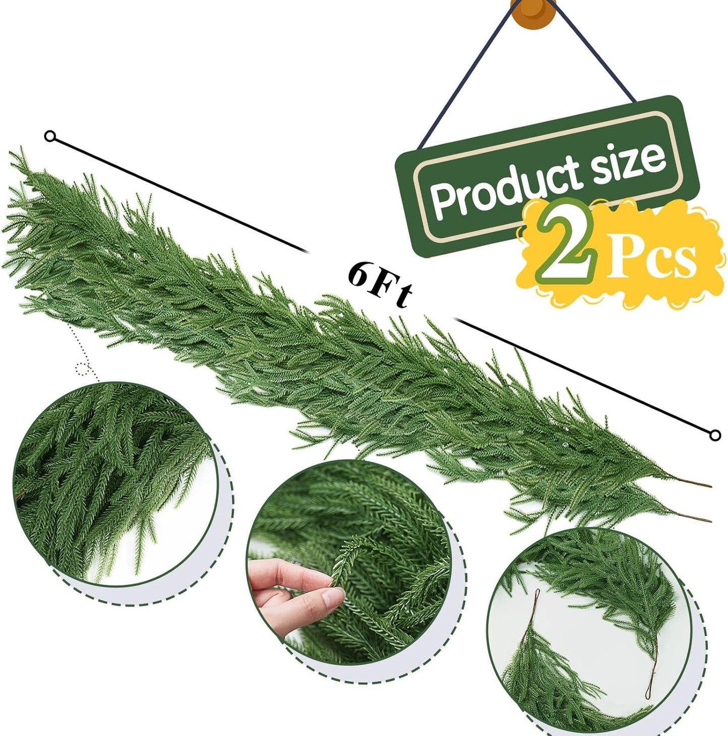 2 Pcs 6 Ft Artificial Norfolk Pine Garlands, Real Touch Winter Pine Garland, Green Artificial Greenery Garland for Table, Mantle, Wall, Indoor, Outdoor Christmas Decorations (2, 6 FT)