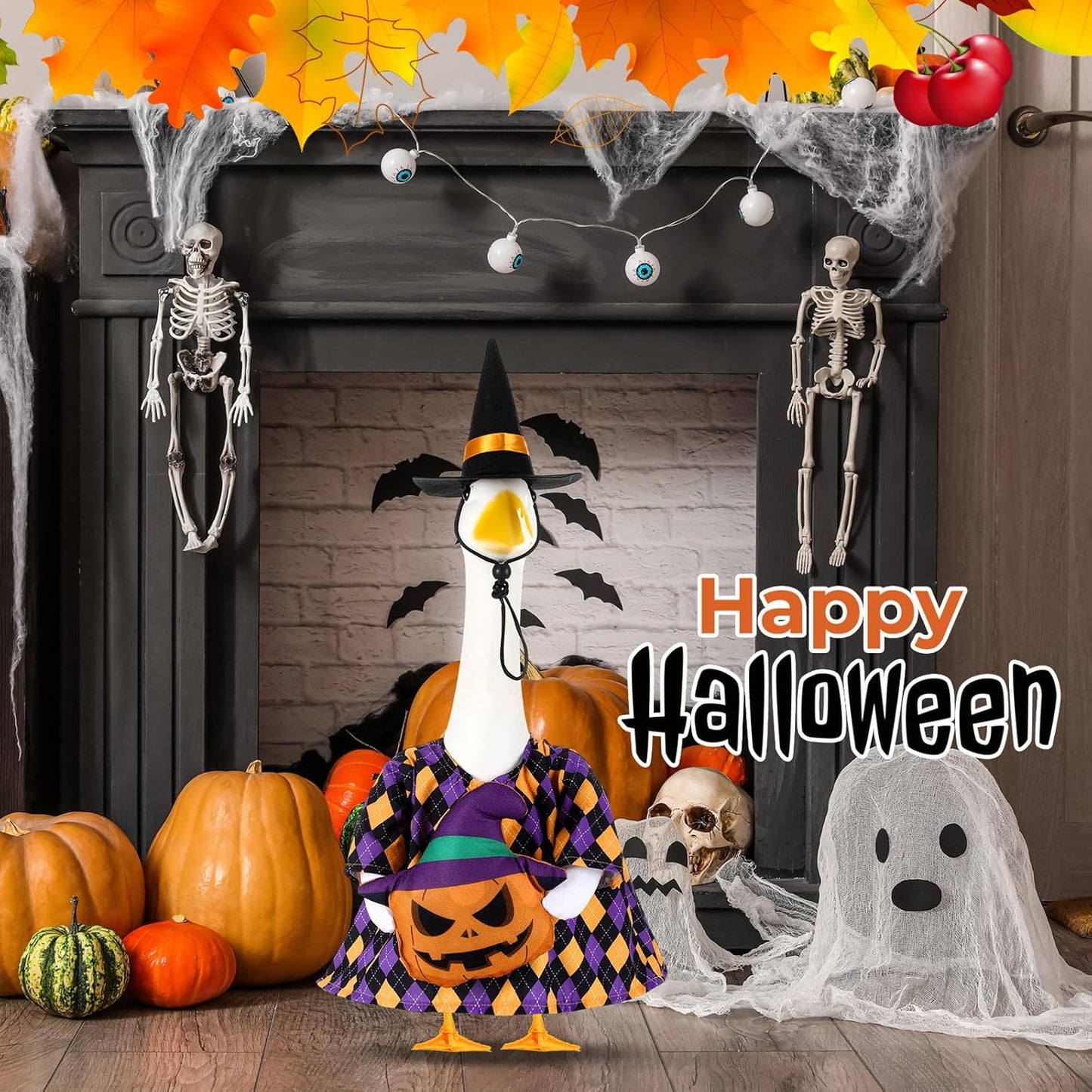 Sanwuta 1 Set Halloween Porch Goose Outfit Pumpkin Pillow Design with Witch Hat for 23" Lawn Cement Goose Porch Geese Clothes Costume for Halloween Garden Patio Yard Outdoor Decorations