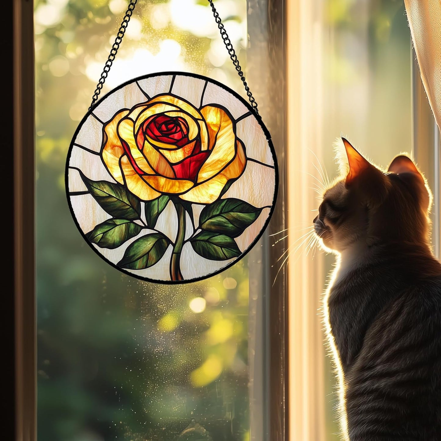 Stained Glass Window Hanging - Elegant Yellow Rose Flower Sun Catcher for Door Garden Home Decor Suncatcher Christmas Mother's Day Birthday Gifts for Women Mom Girl Nana Friend 15 in