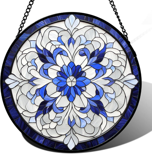 Stained Glass Window Hanging - Blue White Boho Flower Suncatcher for Door Garden Yard Sun Catchers