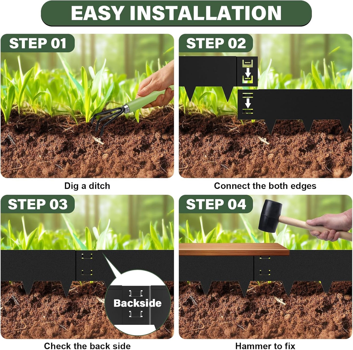 Black Steel Landscape Edging - 6 Pack, 40" L x 10" H Each (20ft Total), Bendable Metal Edging for Yard, Garden, Lawn