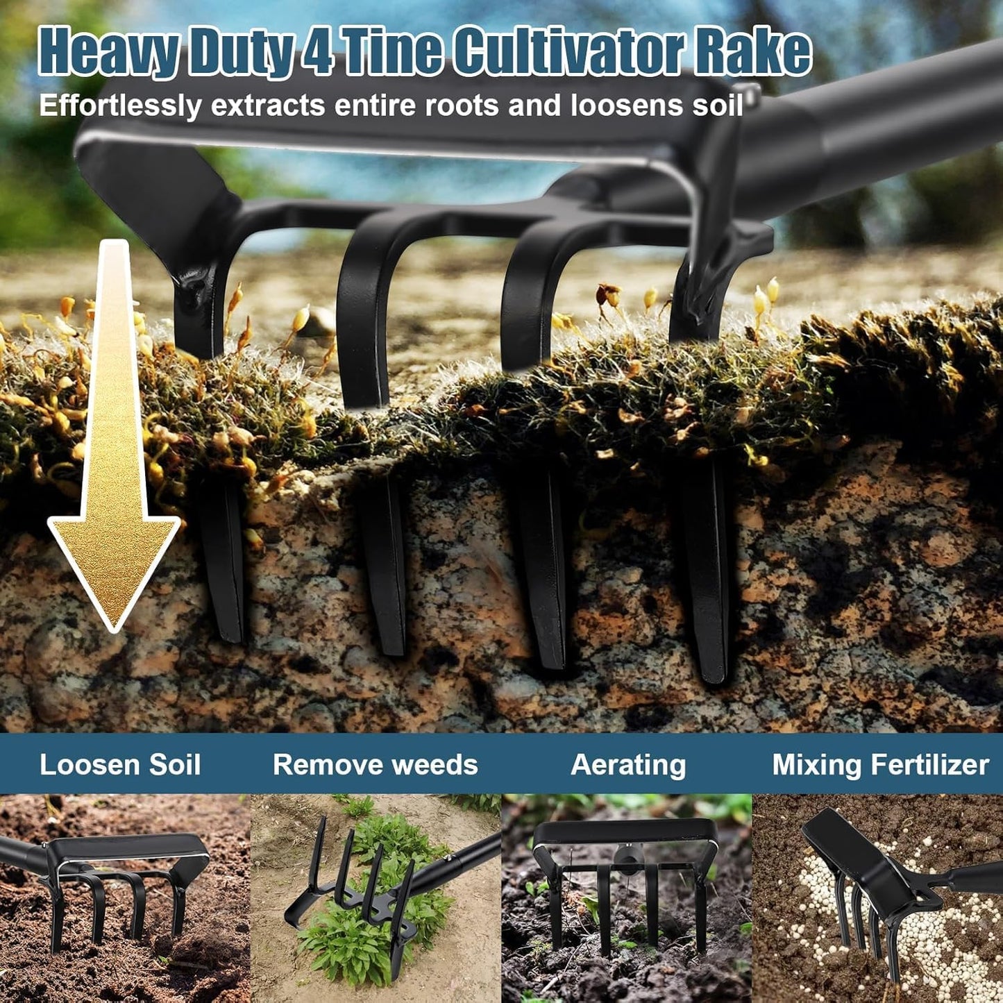 Dual Function Hoe Garden Tool - 36-82” Extra Long Handle Lightweight Stirrup Hula Hoe for Easy Weeding, Carbon Steel Sharp Blade & 4 Tine Rake for Gardening