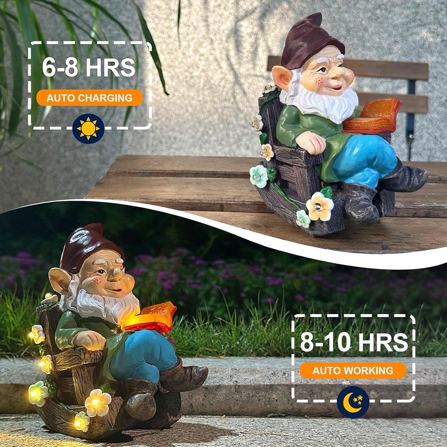 Solar Garden Gnome Statues Outdoor, Fairy Halloween Rocking Chair Gnomes Reading Book Succulents Figurines Lights Yard Art Sculpture Home Decor for Outside Patio Balcony Lawn, Unique Loved One Gifts