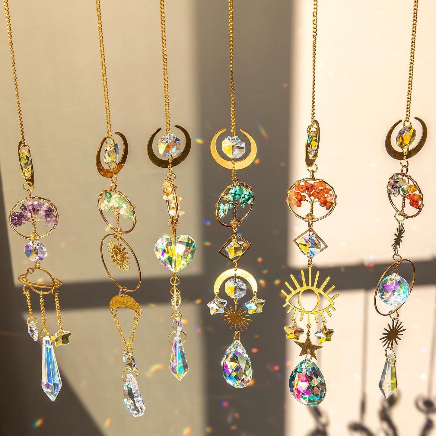 6 PCS Crystal Suncatchers for Window Hanging, Sun Catchers Indoor Window Garden Hanging with Crystals Prism Light Catcher,Tree of Life Crystal Suncatcher for Indoor Outdoor Home Garden Party Decor