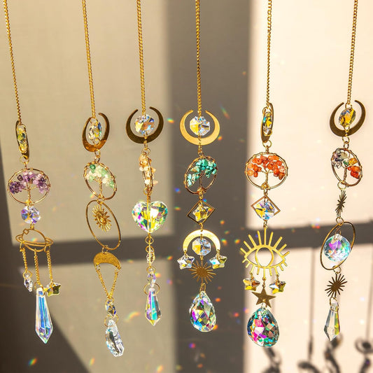6 PCS Crystal Suncatchers for Window Hanging, Sun Catchers Indoor Window Garden Hanging with Crystals Prism Light Catcher,Tree of Life Crystal Suncatcher for Indoor Outdoor Home Garden Party Decor