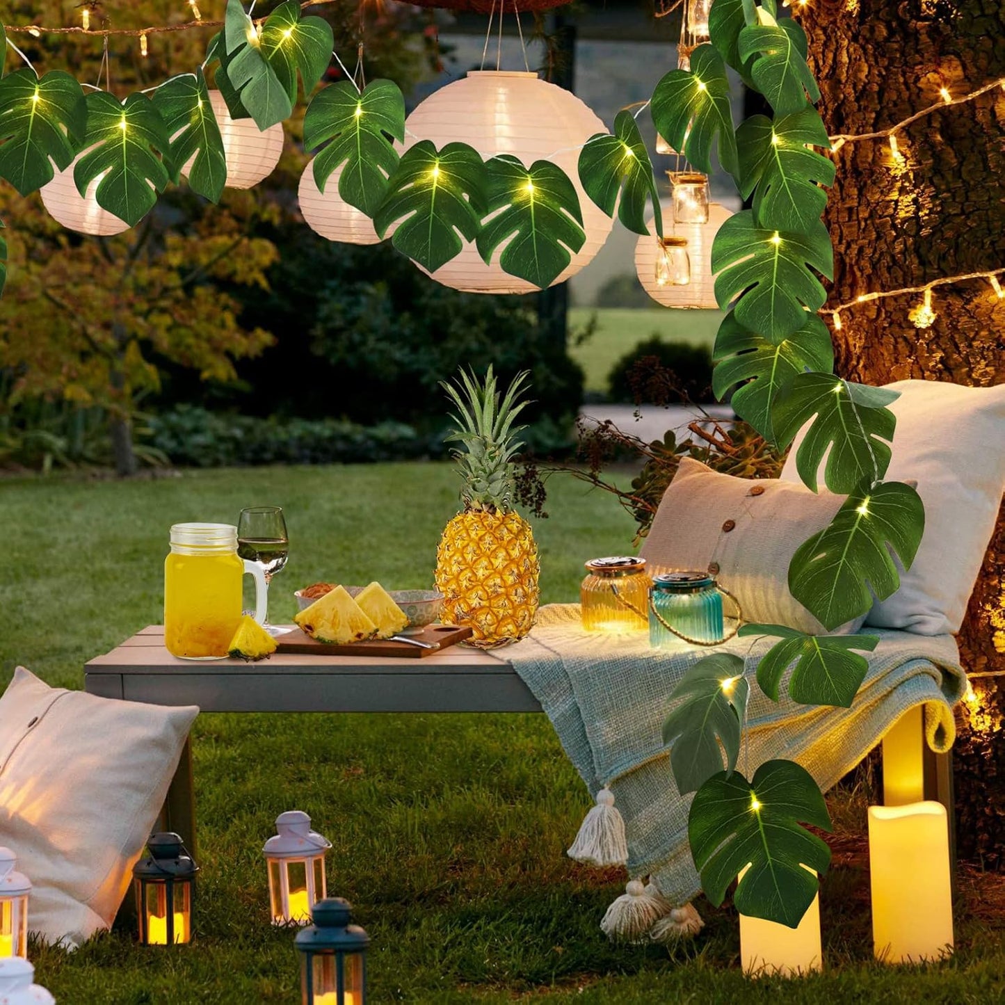 RECUTMS Artificial Tropical Palm Leaves String Lights, Large Size 20 LED Monstera Leaf Wall Hanging Vine Greenery,Outdoor Indoor Hawaiian Luau Jungle Beach Safari Baby Shower Party Spring Summer Decor