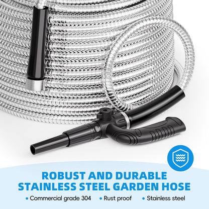 SPECILITE Metal Garden Hose 100ft Heavy Duty 304 Stainless Steel Water Pipe for Yard, Outdoor - Durable, Tough & Flexible, Kink & Tangle Free, Pet-proof, Puncture Resistant with Independent Grip
