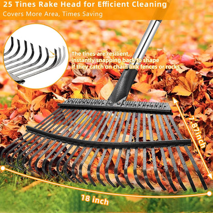 Rake for Leaves, 65 Inch Adjustable Long Handle Garden Leaf Rake, 18 Inch Wide Heavy Duty with 25 Metal Tines for Lawns Yard Shrubs Grass Gardening Camping Garbage Thatch