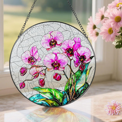 8-Inch Stained Glass Ornament, Stained Glass Window Hanging, Window Hanging Decor Suncatcher, Orchid Flower Ornament | Christmas, Mother's Day, Birthday | Gifts for Mom & Grandma, Flower Lover Gift