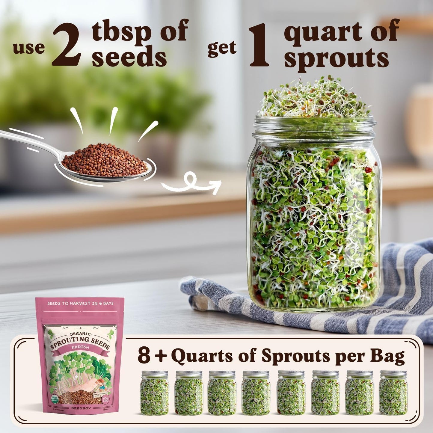 Seedboy Organic Non-GMO Radish Seeds for Sprouting - USA Grown Microgreens Sprouting Seeds - 8 oz Bag Makes 8 Quarts / 24 Servings (Daikon Radish)