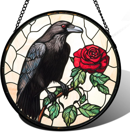 Stained Glass Window Hanging - Black Crow Red Rose Suncatcher for Doors Garden Patio Bird Sun