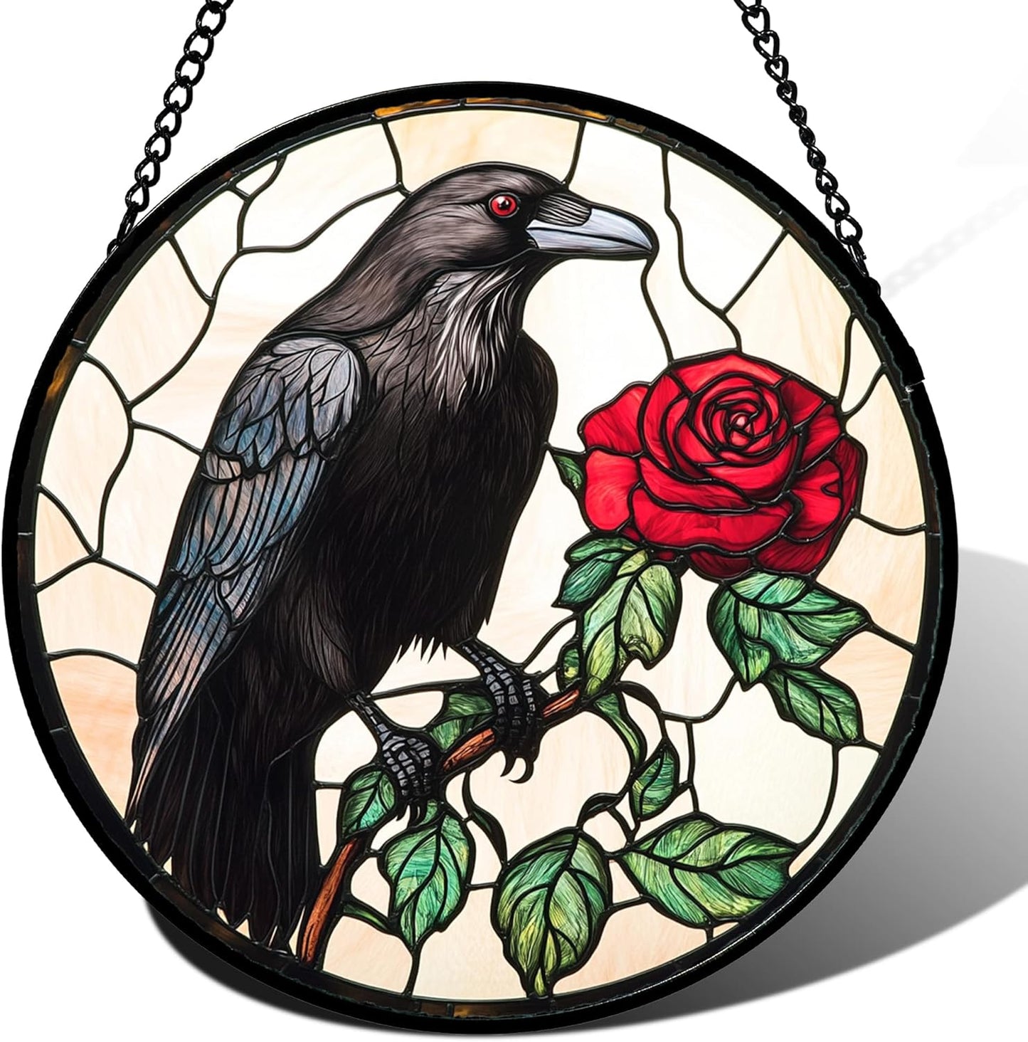 Stained Glass Window Hanging - Black Crow Red Rose Suncatcher for Doors Garden Patio Bird Sun Catchers Decor Christmas Mother's Day Birthday Gifts for Women Men Mom Nana Friend 11.8 in