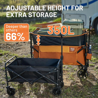TIMBER RIDGE 350L Extra Large Collapsible Folding Wagon Carts with Brake, Heavy Duty Outdoor Camping Utility Wagons with Extended Height, Adjustable Handle, Cup Holders, Side Bag(Orange)