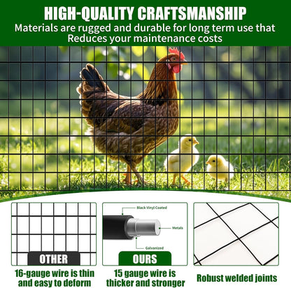 48 in x 25 ft Welded Wire Mesh Fence, 2 in × 3 in 15GA Black PVC Coated Garden Fencing Roll, Dog Barrier for Vegetable Yard, Poultry Netting,Heavy-Duty Border Fencing