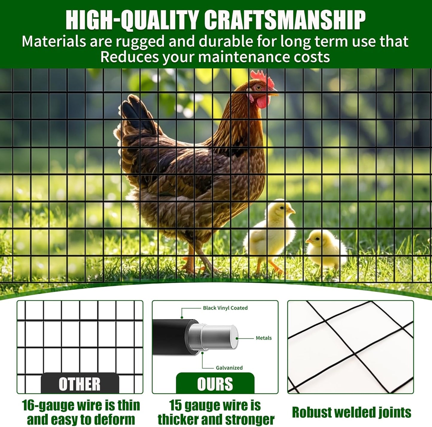 48 in x 50 ft Welded Wire Mesh Fence, 2 in × 3 in 15GA Black PVC Coated Garden Fencing Roll, Dog Barrier for Vegetable Yard, Poultry Netting,Heavy-Duty Border Fencing