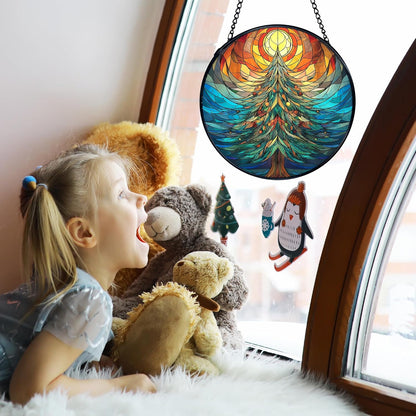 TNUW Christmas Tree Stained Glass Window Hanging, Rustic Winter Christmas Tree Sun Catchers Indoor Window Glass Round Wall Art Decor, Xmas Wall Hanging Decorations, 7.9＂x7.9＂