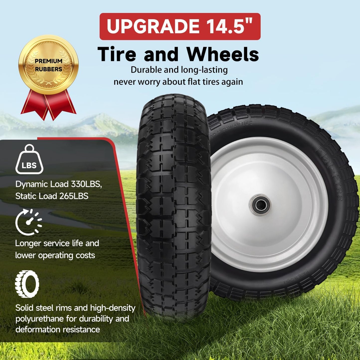4.80/4.00-8 Tire and Wheel, 14.5" Flat Free Wheelbarrow Tire, 5/8" 3/4" Bearings Universal Solid Replacement Tires, 3" -7" Centered Hub for Hand Truck, Garden Cart, Includes Spacer Kit