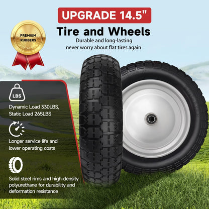 4.80/4.00-8 Tire and Wheel, 14.5" Flat Free Wheelbarrow Tire, 5/8" 3/4" Bearings Universal Solid Replacement Tires, 3" -7" Centered Hub for Hand Truck, Garden Cart, Includes Spacer Kit
