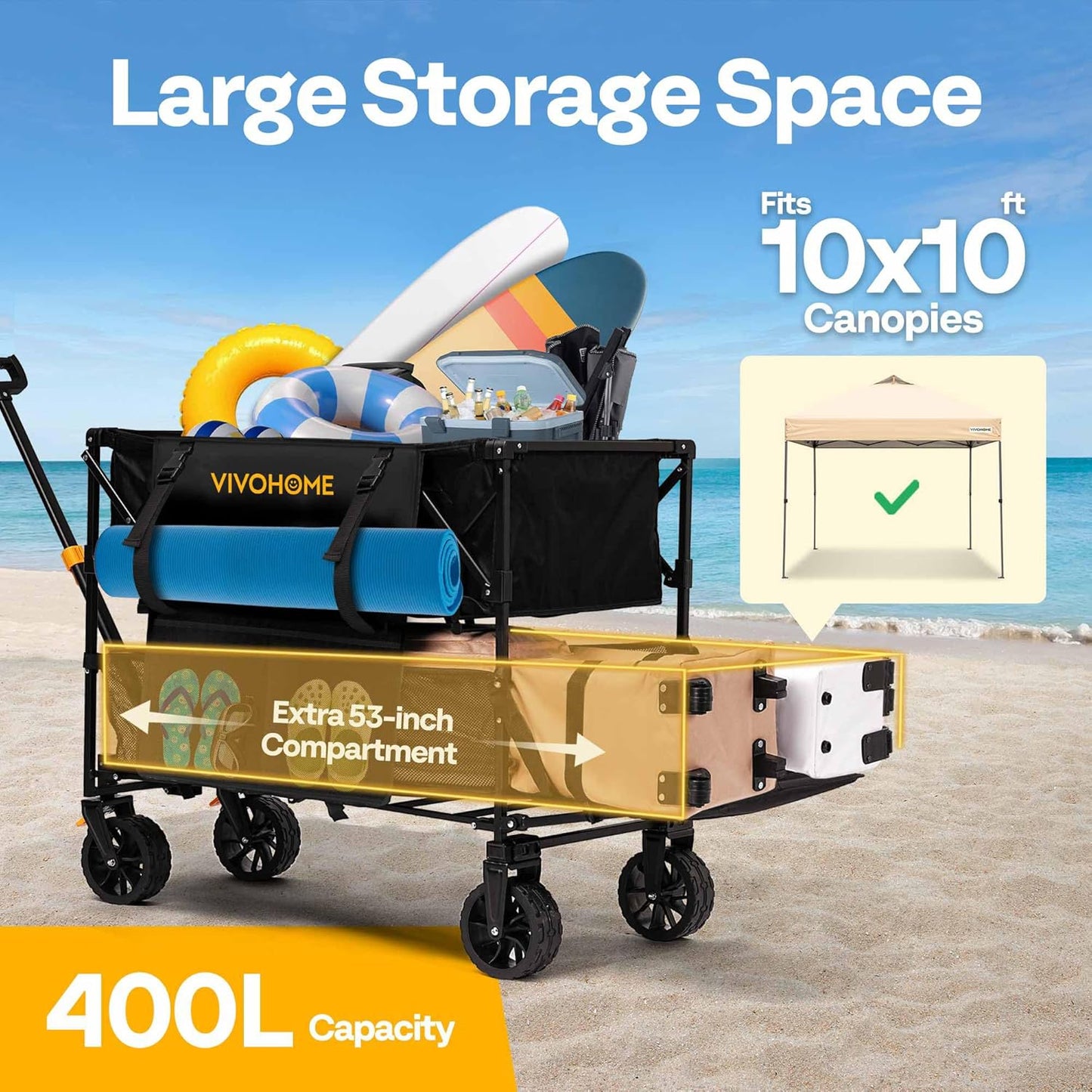 VIVOHOME 400L Large Capacity Double Decker Collapsible Wagon 500lbs Heavy Duty Utility Folding Cart with Big Wheels 53" Extended for Camping, Sports