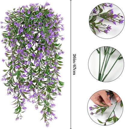TOCHGREEN 4Pcs Artificial Hanging Plants Fern Vine, Faux Plastic Plants Fake Ivy Vine Greenery Garland with Purple Flower, Outdoor Indoor Decorations for Living Room Balcony Garden Wall Home Decor