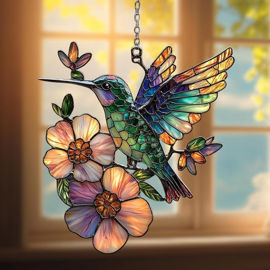 Hummingbird and Flower Acrylic Suncatcher Stained Glass Effect Window Car Hanging Christmas
