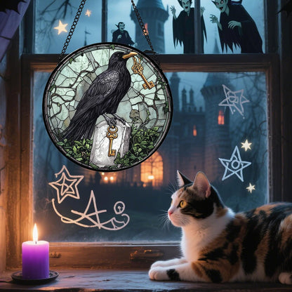 Stained Glass Window Hanging - Halloween Crow Holding A Key Suncatcher for Doors Garden Home Spooky Green Vines Sun Catchers Gothic Decor Horror Gift for Women Men Friend Boy Girl 9.8 in