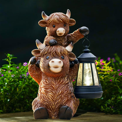 Goodeco 9.5 Inch Highland Cattle with Solar Lantern – Resin Garden Decor, Outdoor Statue & Unique Highland Cow Gifts (Brown)