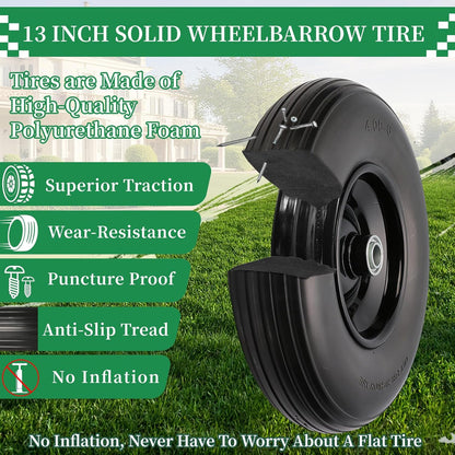 RRQ 4.00-6 Flat Free Tire and Wheel, 13" Solid Wheelbarrow Tire with 1.75" Centered Hub and 3/4" Bearings(Come with 5/8" ID Iron Tube Adapter), for Garden Cart, Trolley, Wheelbarrow Wheel Replacement
