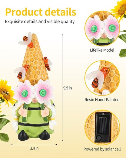 iStatue Solar Garden Gnome Figurine Light with Bees Sunflower, 9.5'' Resin Outdoor Statue for Yard Patio Decor Lawn Ornaments Porch Garden Gifts for Women/Girl (Ms Bee Gnome)