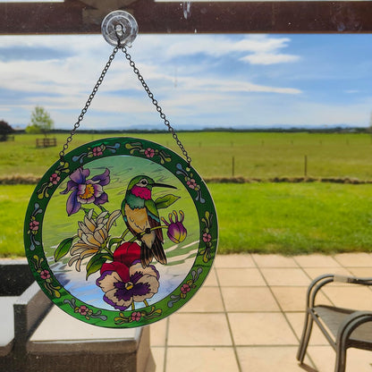 Hummingbird Stained Glass Suncatcher 6" Round, Window Hanging with Chain & Hook, Gift-Boxed Floral Bird Window Decor, Gift for Mom & Grandma