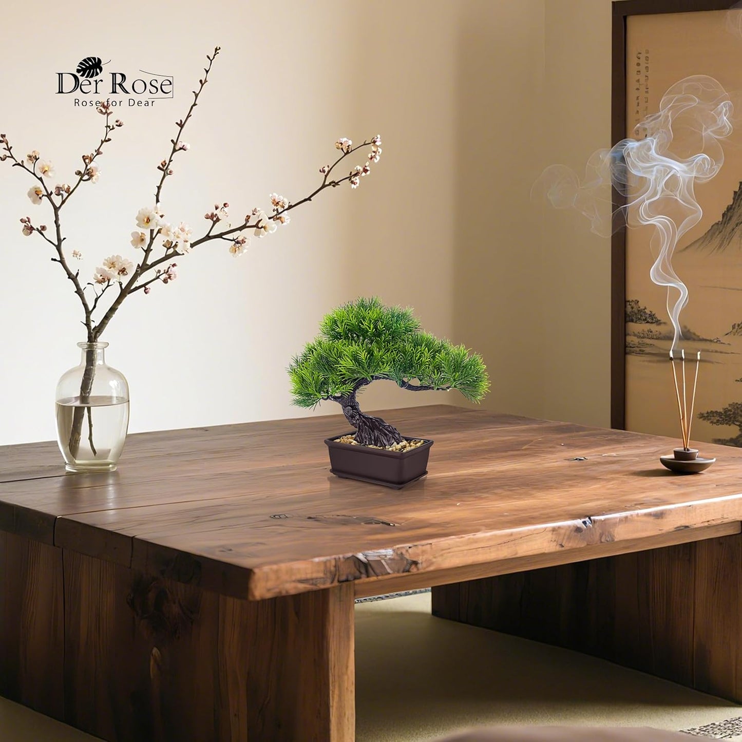 Der Rose 8'' Artificial Bonsai Tree Small Fake Potted Plants for Zen Japanese Home Office Desk Bathroom Shelf Decor (Pine)