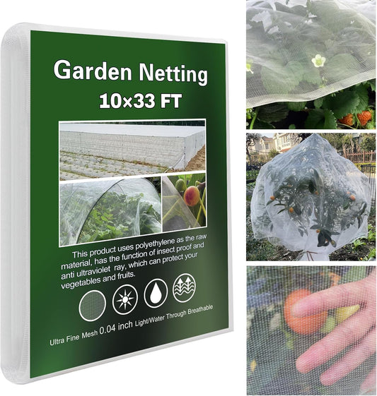 Garden Netting 10x33Ft, Ultra Fine Plant Cover, Insect Netting Barrier Mesh for Plants Vegetables Fruits Flower, Row Covers Raised Bed Protection Net, Birds Animals Screen