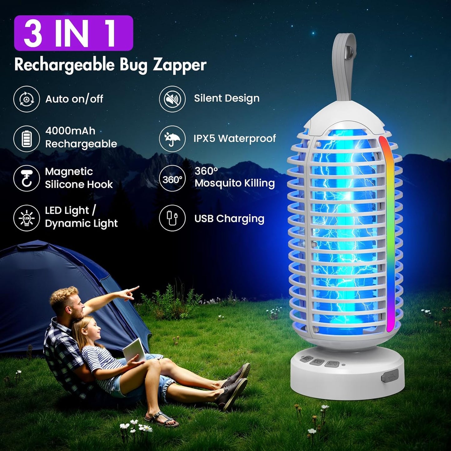Bug Zapper Outdoor with Colorful Lighting and Auto-Sensing, 3 in 1 Cordless 4000mAh Battery Electric Fly Trap, Rechargeable Mosquito Zapper for Camping, Patios, Garden, Kitchen (1Pack-White)