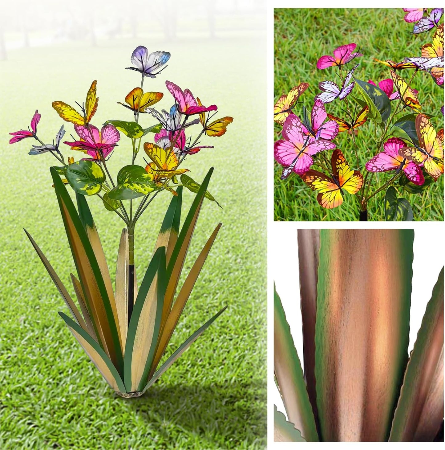 TOMBABY Garden Outdoor Butterfly Enlarge Thickened Wind Resistant Metal Agave Garden Art Metal Plant Country Sculpture Statue Decorations Ornaments Artificial Waterproof lieslight Green 3pcs