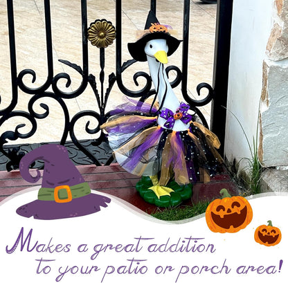 Halloween Porch Goose Statues with Outfits Decor - 20" Big White Goose Resin Figurine, Autumn Halloween Goose Outfits with Hat Bow Tie for Party Decoration, Porch, Yard, Patio, Lawn,Women/Girl Gift