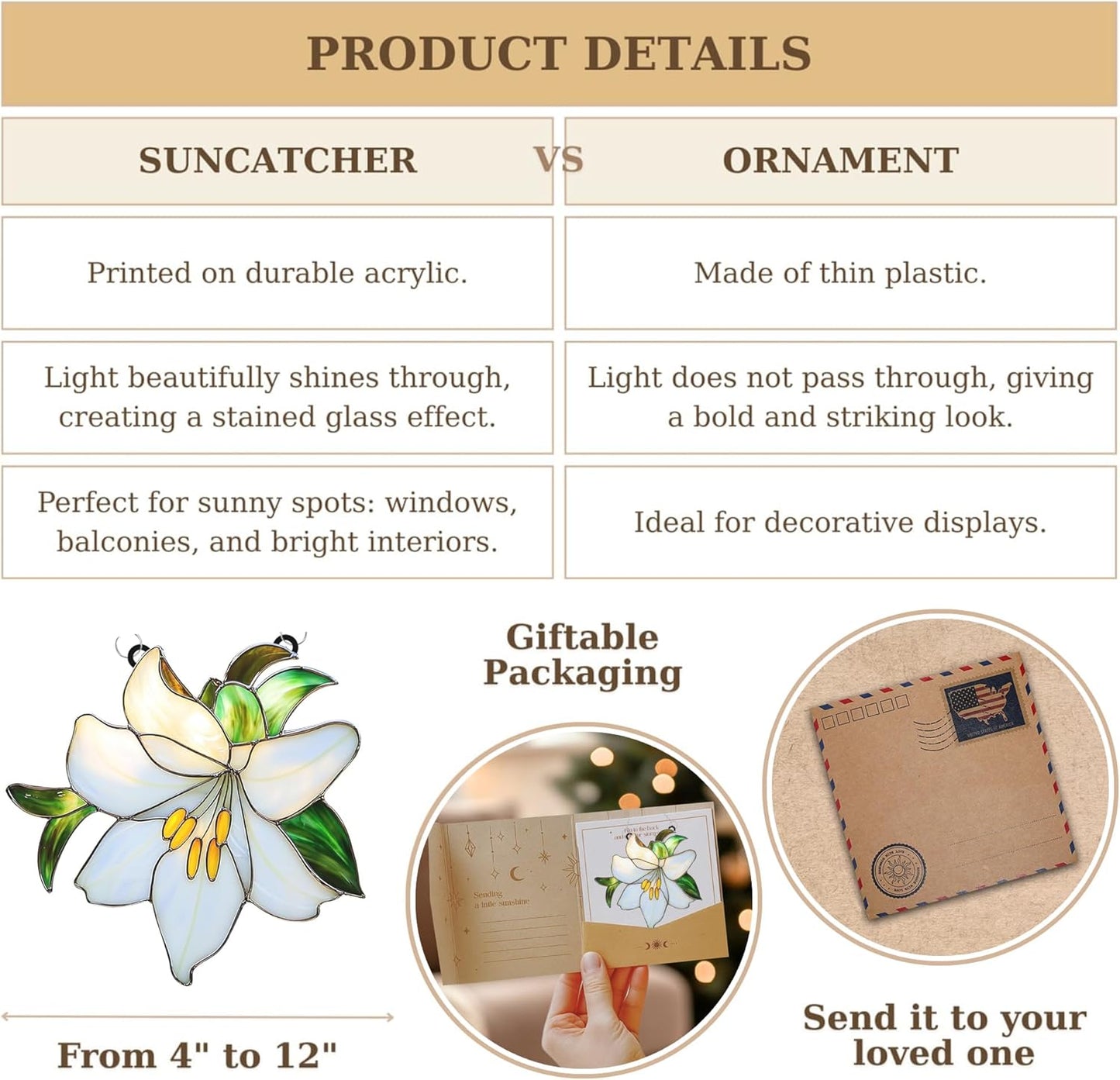 White Lily Flower Acrylic Suncatcher Stained Glass Effect Window Car Hanging Christmas Ornament Indoor Outdoor Decor Garden Sun Catcher Panel for Flowers Lover for Women Mom Grandma