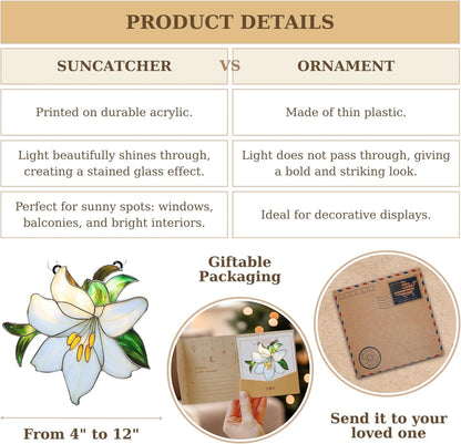 White Lily Flower Acrylic Suncatcher Stained Glass Effect Window Car Hanging Christmas Ornament Indoor Outdoor Decor Garden Sun Catcher Panel for Flowers Lover for Women Mom Grandma