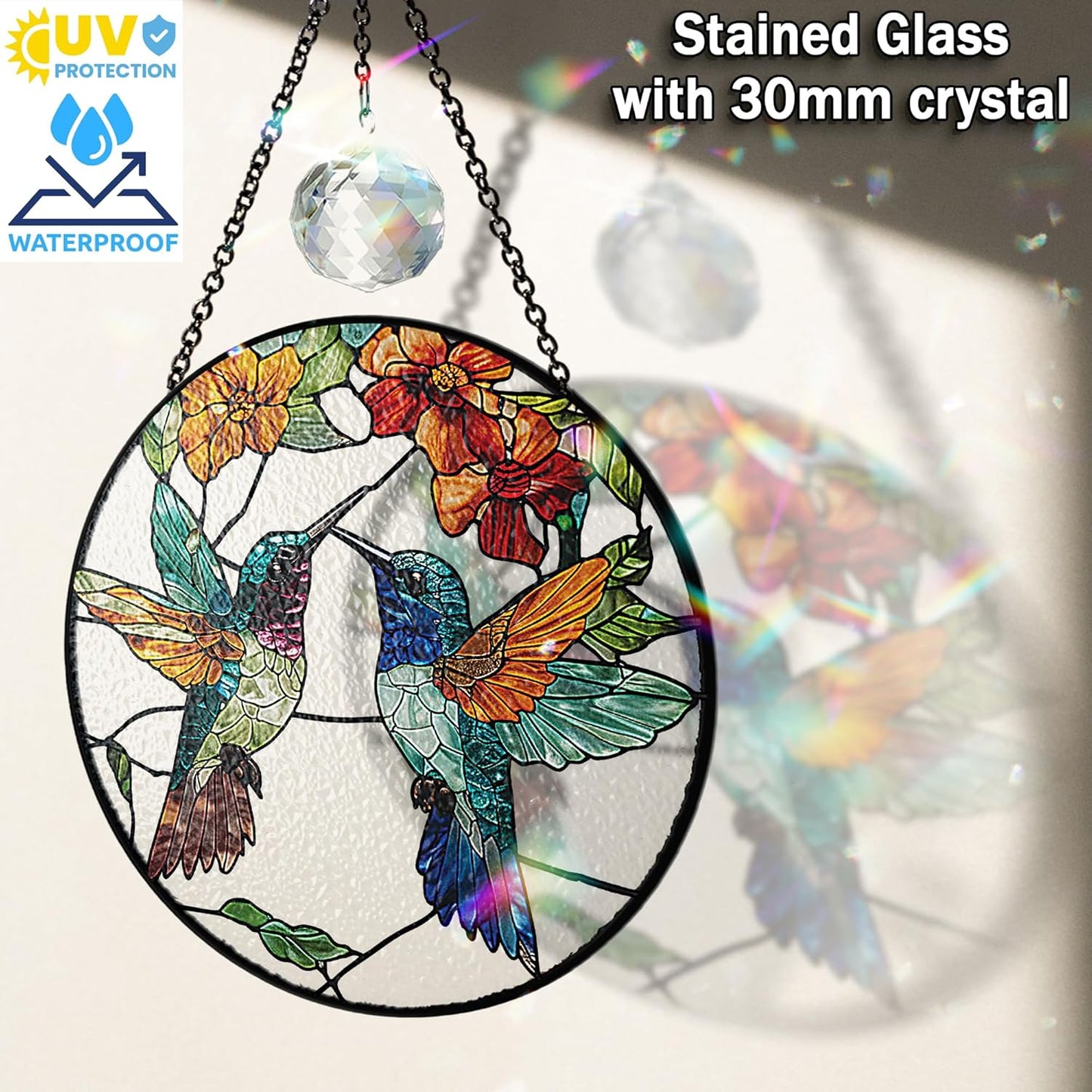 Personalized Hummingbirds Stained Glass Suncatchers Art Glass Birds for Sun Catcher Indoor Window Gifts for Pet Animal Nature Floral Lovers Women Grandma Mom Friend Painted Panel Décor