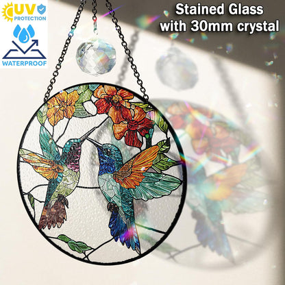 Personalized Hummingbirds Stained Glass Suncatchers Art Glass Birds for Sun Catcher Indoor Window Gifts for Pet Animal Nature Floral Lovers Women Grandma Mom Friend Painted Panel Décor
