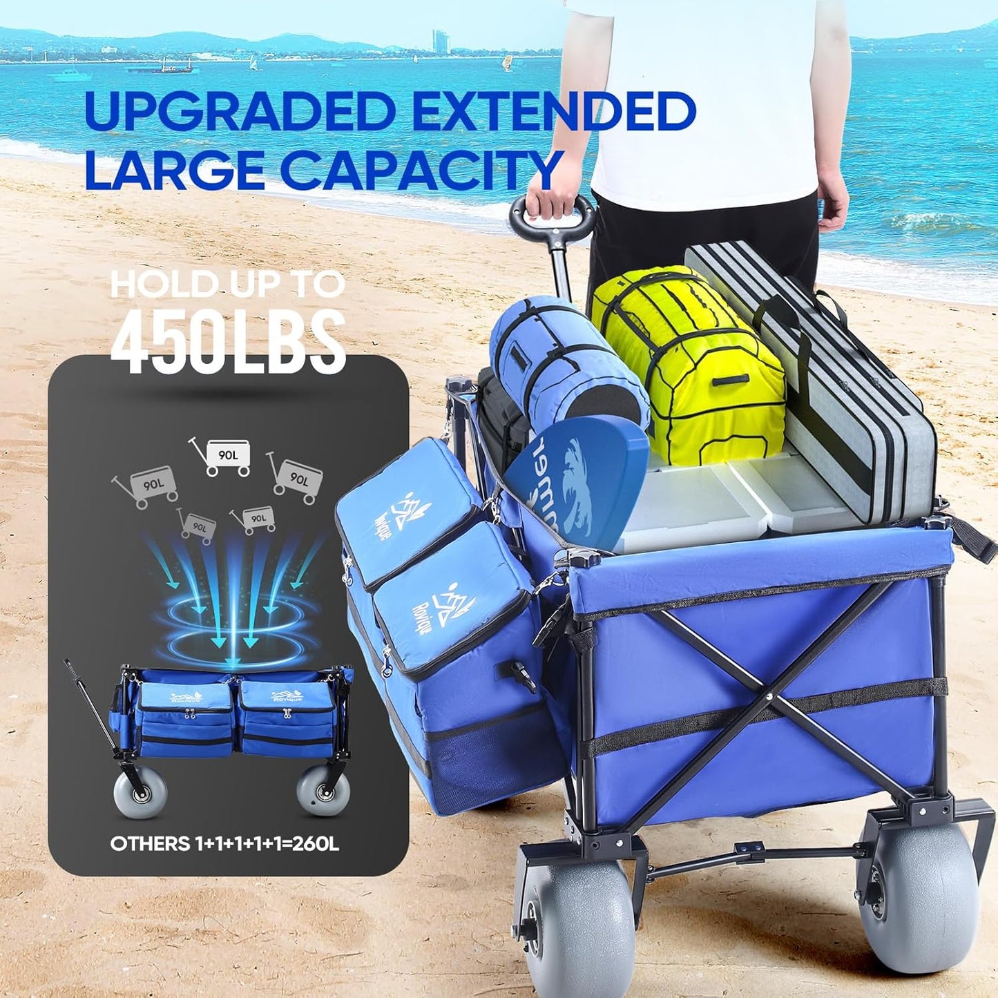 Beach Wagon with Big Wheels for Sand, 9" All-Terrain Balloon Wheels, Heavy Duty Folding Beach Cart 450lb Load, 260L Large Capacity Utility Wagon for Outdoor Sports (Dark Blue)