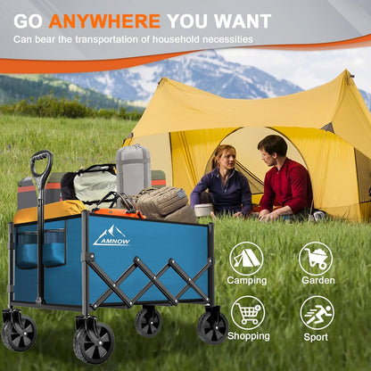 Collapsible Folding Wagon Cart, 350LBS Utility Large Capacity Cart Foldable Wagon with All Terrain Wheels, Grocery Wagons Carts for Garden Shopping Sports Camping, Blue