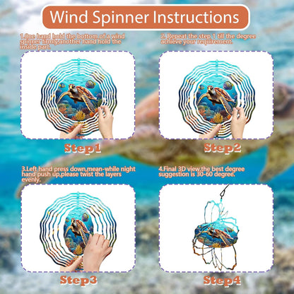 3D Sea Turtle Wind Spinner 10 Inch Ocean Theme Metal Art Stainless Steel Kinetic Art Hanging Spinner for Indoor and Outdoor Garden Decoration